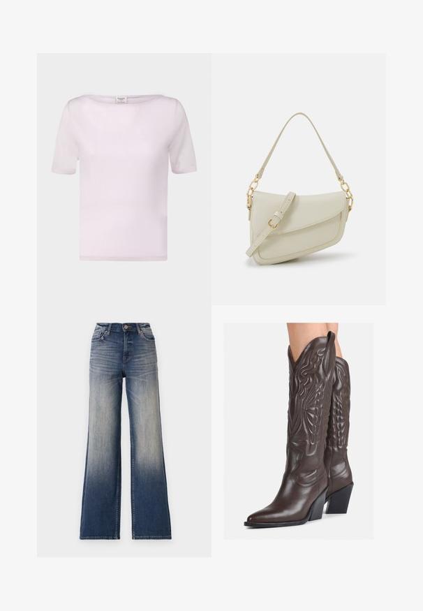 Helles rosa T-Shirt mit kurzen Ärmeln aus weichem Stoff. Mit einem Bootsausschnitt und einer lässigen Passform, die ordentlich finishing-Details aufweist.; Hochtaillierte, weit geschnittene Jeans in hellblau bis dunkelblauem Denim mit Ausbleichungen, ausgestattet mit einem Knopfverschluss und Gürtelschlaufen. Sauberer Saum und keine sichtbaren Verzierungen.; Braune Leder-Cowboy-Stiefel mit spitzem Punkt und Blockabsatz, die über detaillierte Stickereien und hervorgehobene Akzente am Schaft verfügen.; Kleine cremefarbene Handtasche mit strukturiertem Finish, einem langen verstellbaren Tragegurt, einem Kettenakzent und einem Klappenverschluss. Goldene Hardware-Details.