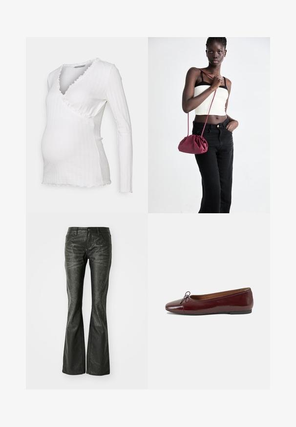 Balts garais piedurknu apģērbs ar ribotām tekstūrām, frillētu kakla izgriezumu un viļņotu apakšmalu, paredzēts grūtniecēm.; Melnas mākslīgā ādas plandošas bikses ar priekšējiem kabatām, metāla pogu aizdari un nedaudz teksturētu virsmu. Taisnas kājas ar garu griezumu.; Burgundijas laku ādas baleta kurpes ar noapaļotu purngalu, nelielu loku akcentu priekšā un zemu melnu gumijas zoli. Gluda tekstūra.; Burgundijas mīkstas auduma soma ar sakoptu dizainu un garu siksnu, nēsāta uz krūšu. Modelis valkā baltu piegriezuma topu un melnas džinsus.