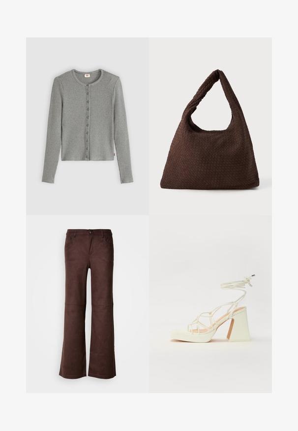 Grijze geribde cardigan met lange mouwen, ronde halslijn en knoopsluiting aan de voorkant. Zachte textuur met een getailleerde pasvorm en subtiele merkembleem.; Bruine flared pants van een zachte, suede-achtige stof. Beschikt over vier zakken, een knoopsluiting en een gladde, gestructureerde oppervlakte.; Witte hoge hakken sandaal met een chunky hak, met een bandjesontwerp en enkelband. Gladde textuur met een plateau voor extra hoogte.; Bruine geweven tas met een slaconvorm, een enkele lus handvat en een gestructureerd oppervlak. Het ontwerp is hobo-stijl zonder extra bevestigingsmiddelen.