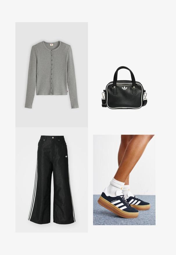 Grijze geribde cardigan met lange mouwen, ronde halslijn en knoopsluiting aan de voorkant. Zachte textuur met een getailleerde pasvorm en subtiele merkembleem.; Zwarte denim broek met wijde pijpen, voorzien van drie witte strepen aan elke zijkant en een klein wit logo. Heeft voorzakken en een knoopsluiting.; Zwarte suède sneakers met witte strepen en accenten, ronde neus, gum rubberen buitenzool, gecombineerd met witte geribbelde crewkousen.; Zwarte leren handtas met twee korte handvatten, zilverkleurige hardware, witte accenten en een wit logo. Heeft een gestructureerd oppervlak en een compact ontwerp.