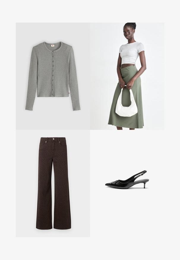 Cárdigan gris con relieve, de manga larga, escote redondo y cierre frontal con botones. Textura suave, con forma ajustada y una sutil etiqueta de marca.; Vaqueros de pierna ancha marrones con un sutil patrón de leopardo, confeccionados en denim con una textura suave y un clásico diseño de cinco bolsillos.; Tacones slingback de cuero negro con punta puntiaguda, tacón bajo de estilo kitten y detalle fruncido en el empeine. Textura suave y diseño minimalista.; Top corto de canalé gris y falda de tiro alto verde oliva. La modelo sostiene un bolso de hombro blanco con detalles recortados. Diseño simple, silueta ajustada.