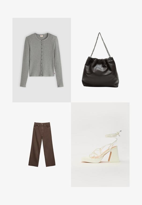 Gray ribbed cardigan with long sleeves, round neckline, and button front closure. Soft texture with a fitted shape and subtle branding tag.; Wide-leg brown jeans made of denim, featuring a high waist, front pockets, and a classic button closure. Smooth texture with subtle stitching.; White high-heeled sandal with a chunky heel, featuring a strappy design and ankle tie. Smooth texture with a platform front for added height.; Brown leather bag with a gathered top and a chain strap. Smooth texture with a glossy finish and subtle seam detailing on the sides.