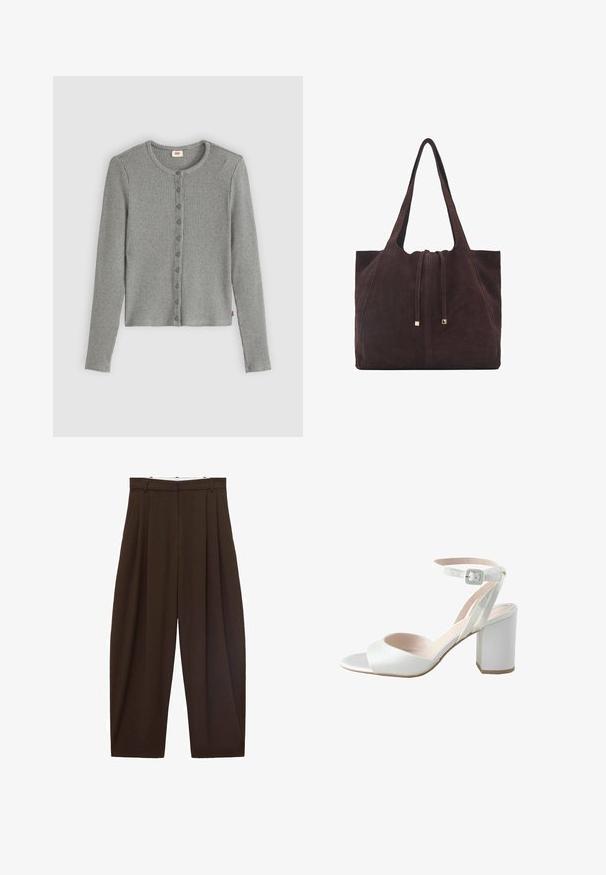 Cardigan gri cu tururi, mâneci lungi, decolteu rotund și închidere cu butoane. Textură moale, cu o formă ajustată și o etichetă de brand subtilă.; Pantaloni maronii cu talie înaltă, cu pliuri, confecționați dintr-un material neted. Croi lejer, model cu picior drept, având bucle pentru curea și închidere cu fermoar.; Sandalie albe cu toc înalt, cu o parte superioară din satin lucios, tocul lat și curea pentru gleznă cu o cataramă mică. Textură netedă, design minimal.; Mango Geantă de pânză - dark brown