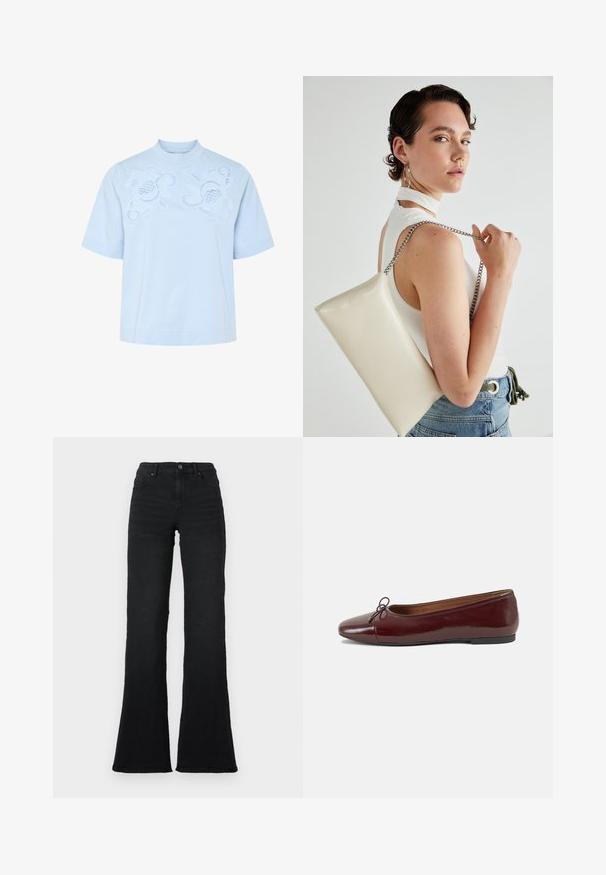 Šviesiai mėlyna trumpomis rankovėmis viršutinė dalis su aukštu apykakle, pasižyminti sudėtingais baltais siuvinėtiais gėlių raštais priekyje. Minkšta medvilnės medžiaga.; Juodos aukšto liemens plačios džinsai su priekinių kišenių, diržo kilpų ir mygtuko uždarymo detalių, prieš baltą foną.; Bordo lakiotos odos baleto bateliai su apvalia nosimi, maža kaspinėlio akcentu priekyje ir žema juoda guma padanga. Lygi tekstūra.; Balta, stačiakampio formos rankinė pagaminta iš blizgaus medžiagos, su sidabriniu virvute. Modelis pozavo, demonstruodamas rankinę prieš paprastą foną.