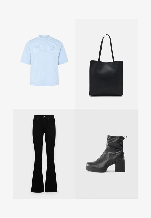Ljusblå kortärmad topp med hög halsringning, som har intrikata vita broderade blommönster på framsidan. Mjuk bomullsmaterial.; Svarta högmidjade jeans med knäppning och dragkedja, frontfickor och utsvängda ben, liggande platt på en vit bakgrund.; Svarta ankelstövlar i slitstark läder, med sidodragkedja, kraftig strukturerad klack och rundad tådesign.; Svart lädertoffelväska med slät textur, rektangulär form och två långa handtag. Ingen synlig hårdvara eller dekorationer.