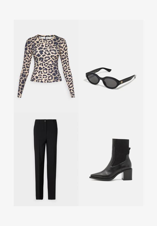 Long-sleeve leopard-print top in beige and black. Features a rounded neckline and a fitted silhouette. Smooth, stretchy fabric.; Black tailored trousers with a straight leg design, featuring a button fastening and belt loops, made from smooth fabric.; Black ankle boot with a pointed toe, made of smooth leather and elastic fabric. Features a block heel and minimalist design.; Black oval sunglasses with dark lenses and glossy plastic frame. Features gold logo on the temple, offering a sleek and modern design.; Blue patterned handbag made of fabric, featuring a curved shape, black leather strap, and logo design in a lighter shade.