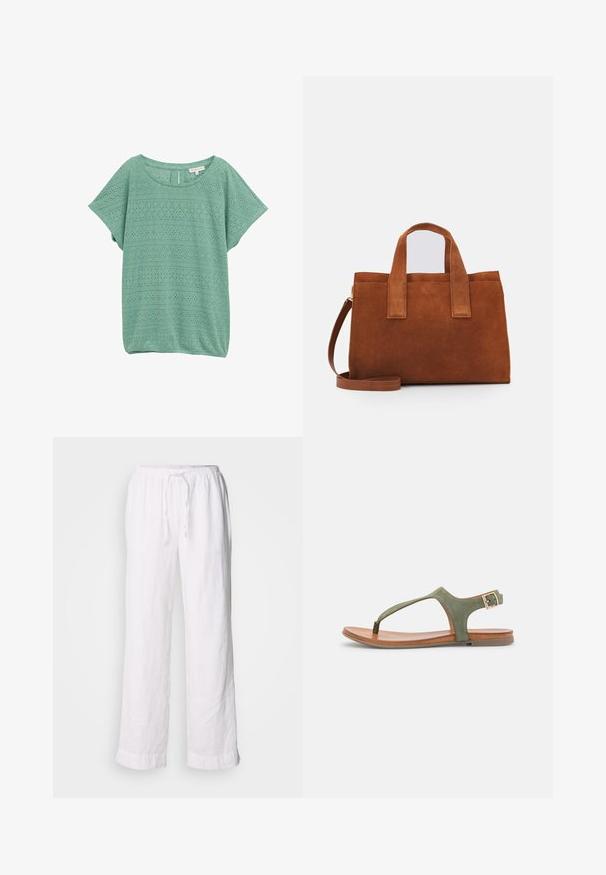 Šviesiai žalia, trumpomis rankovėmis palaidinė su tekstūruota akis dizainu, turinčiu deimanto ir bangų raštus, apvaliu iškirpimu ir laisvu siluetu.; Baltos lino kelnės su laisvu prsitvirtinimu, elastingu liemeniu ir virvele. Turi tiesias kojas ir sukurtus pakraščius, kad suteiktų atsipalaidavusį įvaizdį.; Žalios nubuko šlepetės su kojų kilpos dizainu, reguliuojama kulkšnies juosta ir ruda odinė vidpadžiu. Plokščias padas patogumui ir lengvam dėvėjimui.; Ruda nubuko odinė rankinė su dviem viršutiniais rankenomis ir reguliuojamu peties diržu. Pasižymi struktūrine forma ir minimalistiniu dizainu.