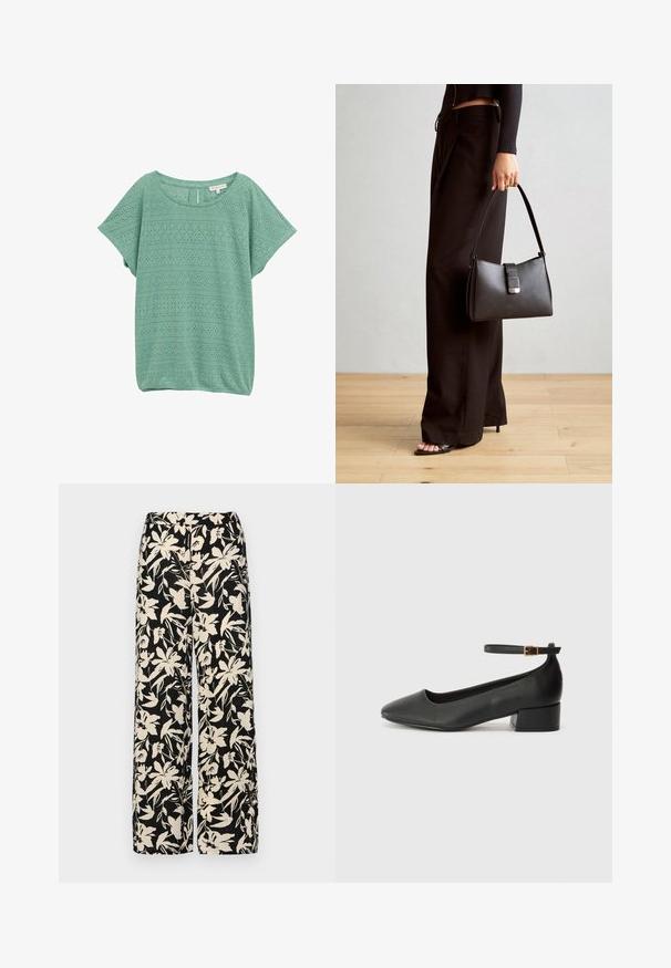 Gaiši zaļš, ar īsām piedurknēm tops, kuram ir teksturēts acs dizains ar dimanta un viļņu rakstiem, apaļa kakla izgriezums un brīvs piegriezums.; Melni platie bikses ar krēmkrāsas ziedu rakstu. Izgatavotas no viegla auduma, kuram ir gluda tekstūra un augsta jostasvietas daļa.; Melnas ādas sūkņi ar smailu purngalu un zemu bloku papēdi. Iezīmēts ar potītes siksniņu ar zelta krāsas sprādzi. Gluda tekstūra.; Melnā somiņa ar strukturētu formu, gludu tekstūru un metālu sprādzi. Saskaņota ar platām melnām biksēm un sandālēm ar atvērtu purngalu uz koka grīdas.