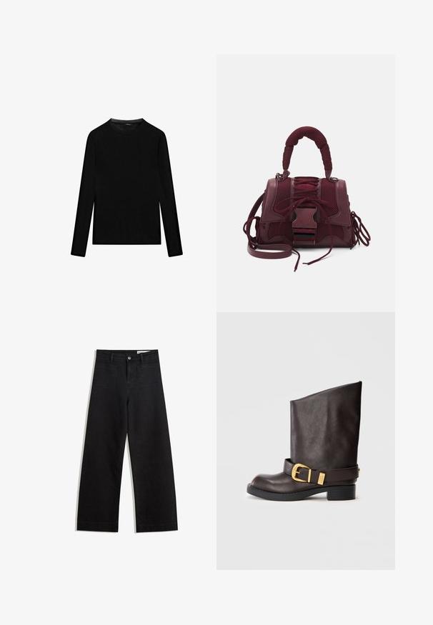 Schwarzes Langarm-T-Shirt aus Baumwolle, mit Rundhalsausschnitt und glatter Textur. Minimalistisches Design ohne Muster oder Akzente.; Schwarze weit geschnittene Jeans mit hoher Taille, ausgestattet mit Vorder- und Hintertaschen, gesteppten Nähten und einem Knopfverschluss. Glatte Textur.; Dunkelbraune Lederstiefelette bis zur Wade mit schwarzer Sohle, niedrigem Absatz und dekorativem goldenen Schnallenriemen um den Knöchel, seitlich dargestellt.; Steve Madden BDIEGO - Handtasche - cranberry