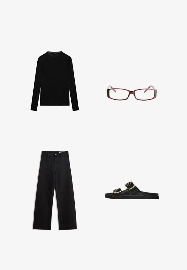 Czarna koszulka z długim rękawem wykonana z bawełny, z okrągłym dekoltem i gładką fakturą. Minimalistyczny design bez wzorów czy akcentów.; Czarne dżinsowe spodnie o szerokich nogawkach i wysokim stanie, z przednimi i tylnymi kieszeniami, przeszyciami oraz zapięciem na guziki. Gładka struktura.; Czarne klapki z dwoma złotymi klamrami, gładki materiał, płaska podeszwa i minimalistyczny design.; Czerwone prostokątne okulary z eleganckim designem. Przezroczyste soczewki, lekko przezroczyste zauszniki oraz efekt gradientu od czerwonego do szarego.