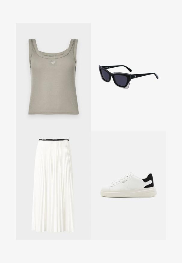 Khakifarbene gerippte Tanktop mit quadratischem Ausschnitt, das in der Mitte der Brust mit einem kleinen metallischen Dreieck verziert ist. Weicher, strukturierter Stoff.; Faltenrock aus Weiß mit einem schwarzen elastischen Bund, der das "LACOSTE"-Logo trägt. Mittellanges Design mit weicher Textur.; Weiße Leder-Sneaker mit einer dicken weißen Sohle, schwarzem Wildlederakzent an der Ferse und geprägtem Logo an der Seite. Schnürdesign mit sechs Ösen.; Schwarze übergroße Sonnenbrille mit geometrischer Form, ausgestattet mit dunklen Gläsern und einem kontrastierenden grauen Detail im Rahmen. Logo am Bügel.