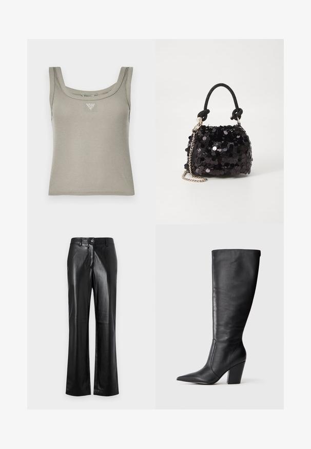 Top fără mâneci ribbed de culoare khaki, cu un decolteu pătrat, având un mic detaliu metalic în formă de triunghi centrat pe piept. Material moale, texturat.; Pantaloni din piele neagră cu un design drept, având închidere frontală cu nasture, tivuri pentru curea și o textură netedă, lucioasă.; Botină neagră din piele, până la genunchi, cu vârf ascuțit și toc gros, prezentată în profil stâng pe un fundal alb.; Geantă mini neagră cu paiete, cu un umar texturat înnodat și un lanț argintiu. Formă rotundă cu partea de sus adunată și detalii reflectorizante.