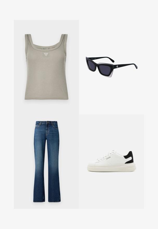 Khaki ribots tvertnes blūze ar kvadrātveida dekoltē, kuras centrā ir neliela metāla trīsstūra detaļa. Mīksta, teksturēta auduma.; Izliekta tipa džinsi vidējā ziliem toņiem, ar klasisko piecu kabatu dizainu, ar pogu aizdari un nedaudz izbalējušu tekstūru.; Baltas ādas sporta apavi ar biezu balto zoli, melna zamša uzpura un izspiestais logotips sānos. Šņorējuma dizains ar sešiem acu caurumiem.; Melni pārmēru saulesbrilles ar ģeometrisku formu, kas aprīkotas ar tumšiem stikliem un kontrastējošu pelēku akcentu uz rāmja. Logo uz kājas.