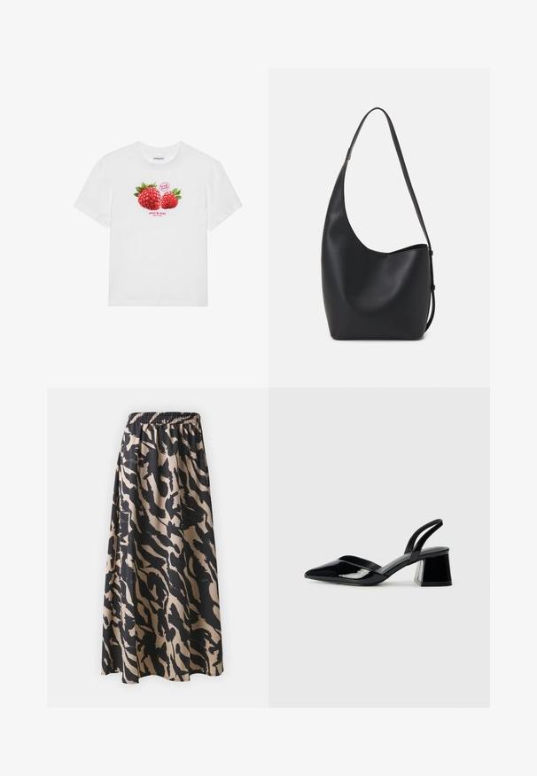 Balta medvilninė marškinėlių su grafika, vaizduojančia dvi raudonas avietes su žalios lapais, ir tekstu "šviežios uogos" bei "saldus ir skanus" žemiau.; Juodas ir bežinis ilgas sijonas su elastinga juosta, turintis abstraktų gyvūnų raštą ir laisvą siluetą.; Juodos lakuotos odinės šlepetės su smailiu pirštu ir geometriniu bloko kulnu. Turi elegantišką, minimalistinį dizainą ir lygų paviršių.; Juodas odinis hobo maišas su lygiu paviršiumi, kreipta forma ir viena reguliuojama rankena; turi platų atidarymą viršuje.