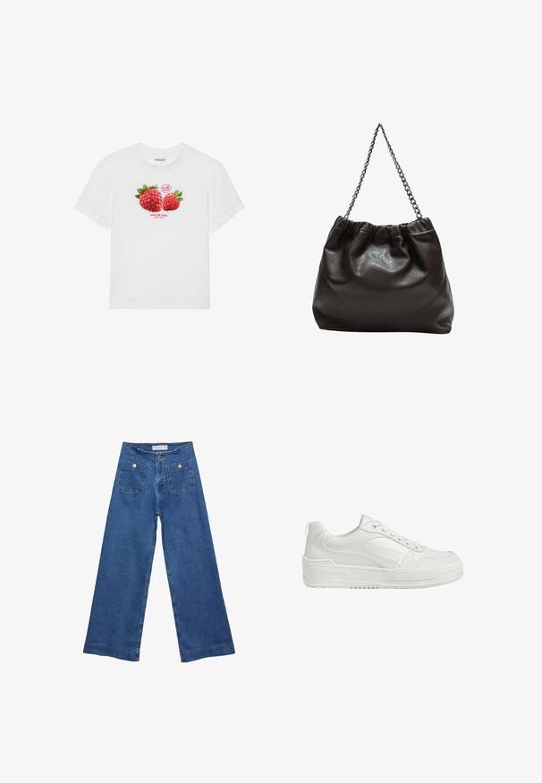 Bijela pamučna majica s grafikom dviju crvenih malina s zelenim lišćem, i tekstom "svježe voće" i "slatko i ukusno" ispod.; Denim široke hlače s medijskom plavom pranju, dva prednja džepa s dugmadi, i šivana dekoracija duž rubova.; Bijele kožne tenisice s glatkom teksturom, podstavljenim gležnjem i perforiranim nožnim dijelom. Imaju blago povišeni gumeni potplat i dizajn s vezicama.; Smeđa kožna torba s naboranim vrhom i lančićem za nošenje. Glatka tekstura s sjajnim završetkom i suptilnim šavnim detaljima sa strane.