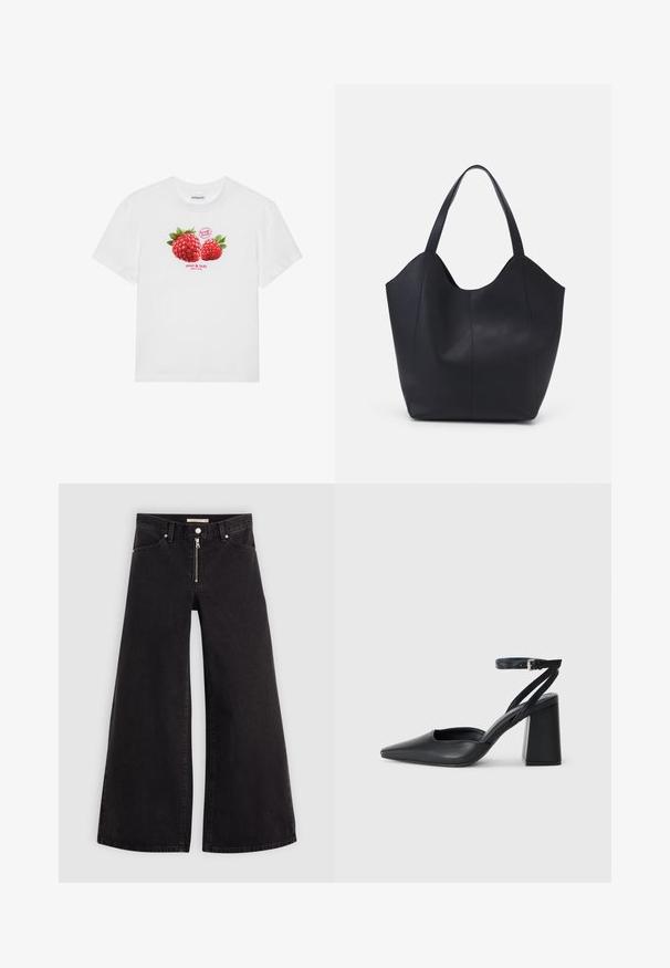 Hvid bomulds T-shirt med et grafik af to røde hindbær med grønne blade og teksten "frisk frugt" og "sød & lækker" nedenfor.; Vide ben jeans i sort denim med lynlås foran, fem lomme-design og subtile stikninger. Glat tekstur og afslappet stil.; Sort læder spidse pumps med ankelrem og en chunky hæl. Flad tekstur, slankt design og minimalistisk æstetik.; Sort tote taske lavet af glat læder, med en buet, åben top, to skulderstropper og et minimalistisk design.