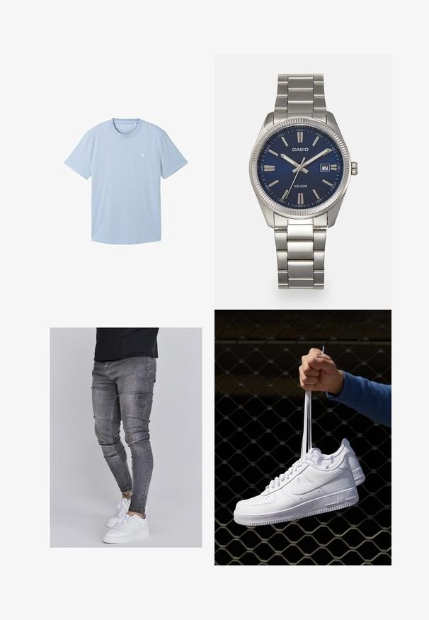 Šviesiai mėlyna trumpomis rankovėmis marškinėliai, pagaminti iš minkštos medžiagos, su apvaliu iškirpimu ir mažu logotipu kairėje krūtinės pusėje. Paprasta tekstūra.; Lieknos džinsai iš išbluko pilkos džinsinės medžiagos, su pažeidimais keliuose, derinami su baltais sportiniais batais. Lygi tekstūra, siauras siluetas.; Balti odiniai sportiniai bateliai su perforacijomis, apvalia nosimi, plokščiu padu ir storomis raištelėmis, su matomu swoosh logotipu ir "AIR" ant kulno.; Sidabrinis nerūdijančio plieno laikrodis su tamsiai mėlynu ciferblatu, metaliniais valandų žymenimis ir datos langeliu 3 valandą. Atsparus vandeniui iki 50 metrų.
