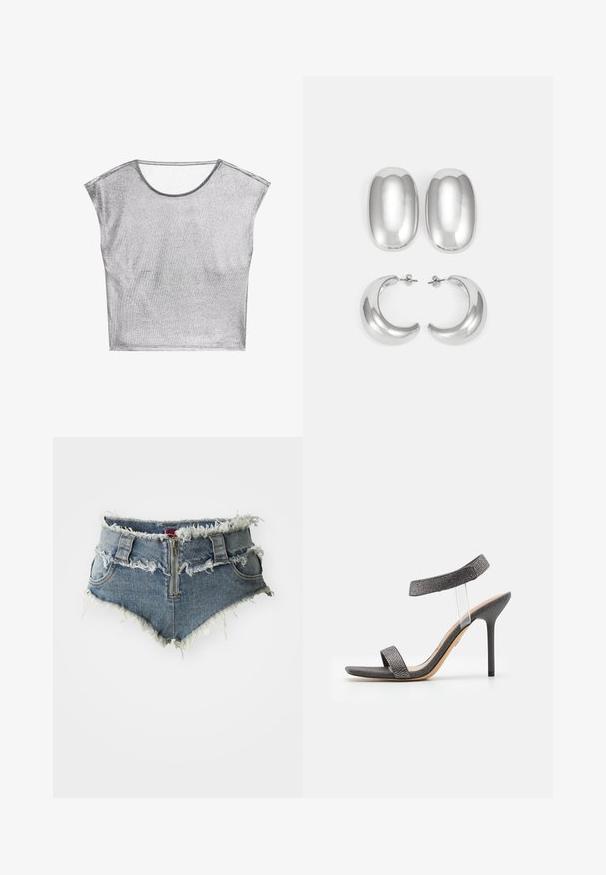 Sömlös kortärmad topp i silver tillverkad av ett metalliskt, glittrande tyg. Har en vid halsringning och en lös, boxig passform. Mjuk textur och minimala sömmar.; Jeansshorts med fransad fåll, hög midja, dragkedja fram och två framfickor. Materialet är en blekt blå denim med slitna detaljer.; Svart klack sandalett med en transparent rem, texturerad ovandel och smal stiletthäl. Har ett brett framband och glittriga accenter.; Silverfärgade örhängen set: två ovala stift och två halvmåneformade hoops, med en glänsande, slät finish och en rundad design.