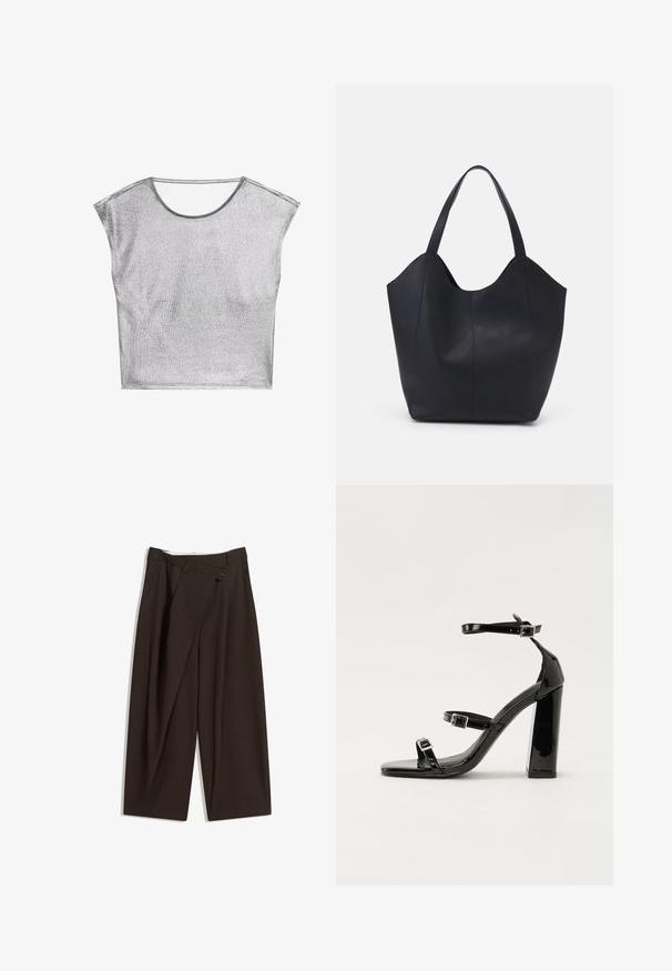 Top scurt cu mânecă dintr-un material metalic, strălucitor, de culoare argintie. Are un decolteu larg și o tăietură lejeră, de tip boxy. Textură moale și cusături minime.; Pantaloni largi de culoare maron închis, cu talie înaltă, având închiere cu un singur nasture și un față pliată. Confectionați dintr-un material ușor.; Sandale cu toc din patent negru, cu vârf pătrat, curele la gleznă și catarame din argint. Dispune de un toc gros pentru stabilitate.; Geantă de umăr neagră, realizată din piele netedă, cu un design minimalist, având un vârf deschis curbat și două mânere pentru umăr.