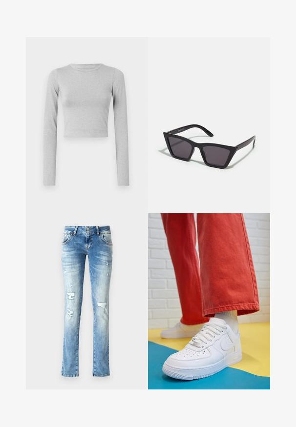 Világosszürke, rövidített, hosszú ujjú felső rugalmas anyagból, egyszerű kerek nyakkivágással és sima textúrával.; Világoskék farmernadrág, laza fit típussal, megviselt részletekkel, gombos záródással, két gombbal, és egyenes lábakkal.; Fehér bőr edzőcipő perforált orral, texturált talppal és fehér fűzővel, széles vörös nadrággal párosítva, kék és sárga háttérrel.; Fekete, szögletes napszemüveg szürke lencsékkel; műanyagból készült, vastag karokkal, sima felülettel és látható hardver nélkül.