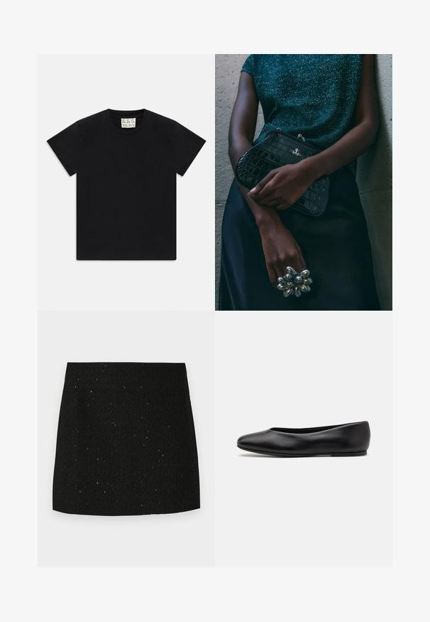 Camiseta preta de manga curta com decote redondo e uma etiqueta branca dentro do colarinho rotulada "D.R.C. EST. 2002" sobre um fundo branco.; Saia mini preta texturizada com sutis pontos brilhantes, corte reto e sem adornos ou padrões visíveis.; Paul Smith TOPANGA - Sabrinas - black; Clutch bag preta com padrão de crocodilo e acessórios em prata, sostenida contra um fundo cinza texturizado. Apresenta uma superfície brilhante.