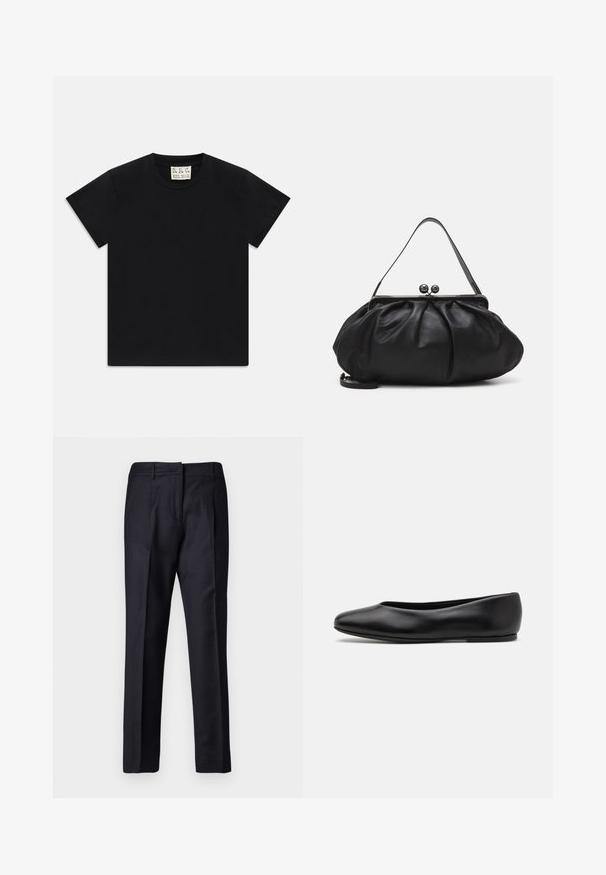 Camiseta negra de manga corta y cuello redondo con una etiqueta blanca en el interior del cuello que dice "D.R.C. EST. 2002" sobre un fondo blanco.; Pantalones de corte militar en color marino con una textura suave, que cuentan con un frente plano, doble pliegue y trabillas para cinturón. Corte recto y dobladillo terminado.; Paul Smith TOPANGA - Bailarinas - black; Bolso de mano de cuero negro con un diseño redondeado y plisado. Cuenta con un cierre metálico con dos bolas decorativas y una correa delgada y desmontable.
