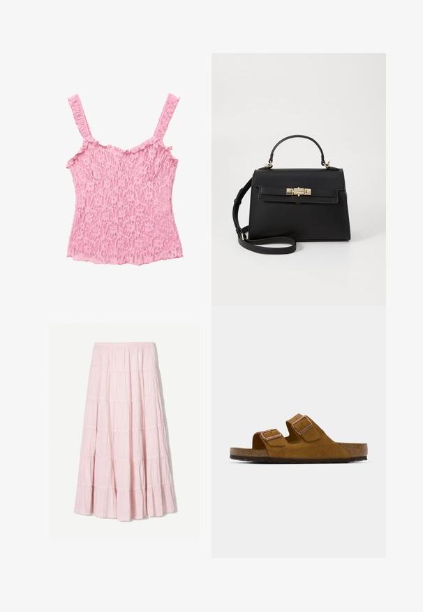 Koronkowa bluzka z cienkimi, falbankowymi ramiączkami w jasnym różu. Posiada kwiatowe wzory i teksturowane wykończenie, o dopasowanym kroju i falbaniastej krawędzi.; Jasnoróżowa, warstwowa spódnica maxi wykonana z teksturowanej, lekkiej tkaniny. Elastyczny pas i zwiewny dół z falbaniastymi akcentami.; Brązowe zamszowe klapki z dwoma regulowanymi paskami, korkową wkładką i fakturowaną gumową podeszwą. Minimalistyczny design bez dodatkowych zdobień.; Czarna skórzana torebka o wyraźnej strukturze, z górnym uchwytem, odpinanym paskiem na ramię oraz złotymi dodatkami. Posiada zapięcie na klamrę z przodu.