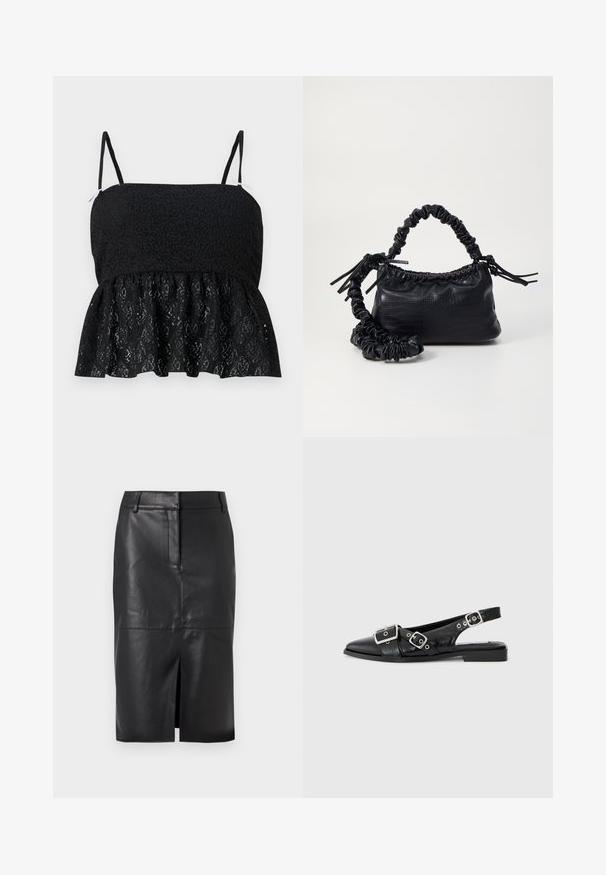 Top peplum preto em renda com alças finas ajustáveis, apresentando um padrão floral texturizado e uma bainha expandida. Forro liso visível por baixo.; Saia lápis de pele preta com uma fenda frontal, apresentando uma textura suave, dois bolsos laterais e uma silhueta ajustada.; Sapato slingback preto em couro com bico pontiagudo, duas fivelas prateadas e um salto baixo em bloco. Apresenta um cabedal texturizado e parte de trás aberta.; Bolsa de mão em couro sintético preto com textura de crocodilo, topo franzido e alça enrugada. Apresenta um design suave e compacto.