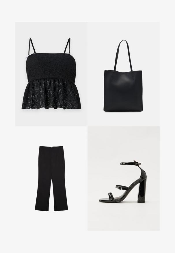 Sort blonder peplum top med tynde justerbare stropper, der har et struktureret blomster mønster og en flæset kant. Glat for fra underneden.; Sorte bukser med lige pasform, der har frontlommer og slidser i kanten. Lavet af blødt, glat stof. Velegnet til forskellige anledninger.; Sorte patenterede hælsandaler med firkantet tå, ankelremme og sølvspænder. Har en chunky blokHæl for stabilitet.; Sort læder tote taske med glat tekstur, rektangulær form og to lange hanke. Ingen synlig hardware eller udsmykninger.