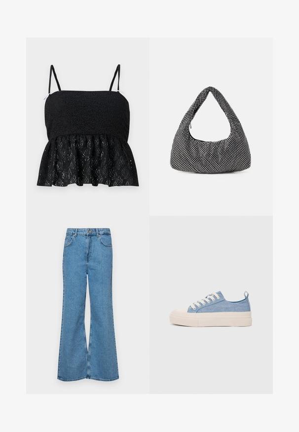 Black lace peplum top with thin adjustable straps, featuring a textured floral pattern and a flared hem. Smooth lining visible underneath.; Light blue flared jeans made of denim, featuring a high waist, five pockets, and a single button closure. Soft texture with faded finish.; Light blue canvas sneakers with a cream rubber toe cap and outsole, featuring white laces and a pull tab on the heel.; Black bag with a curved, hobo shape, textured fabric featuring silver studs. Singular top handle, zip closure, and soft silhouette.