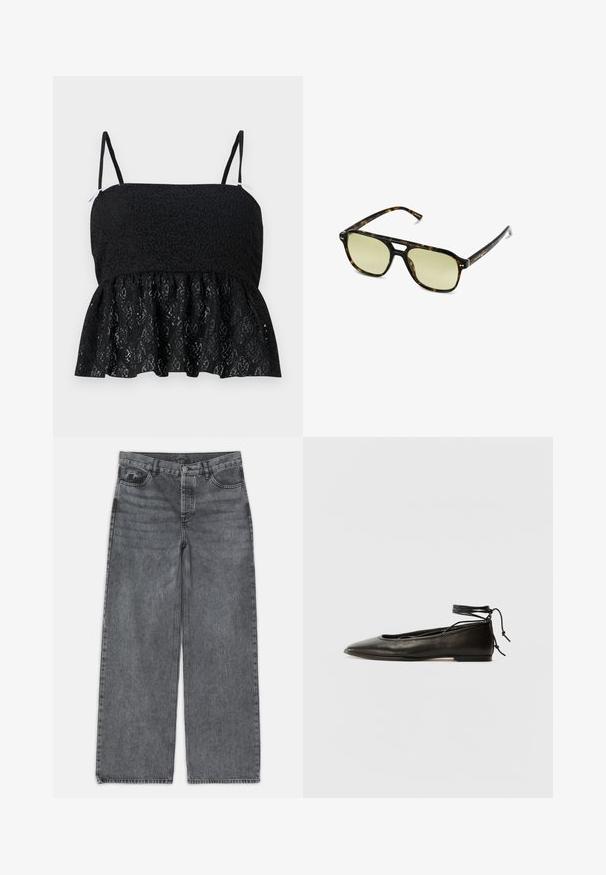 Schwarzes Spitzen-Peplum-Top mit dünnen, verstellbaren Trägern, das ein strukturiertes floral Muster und einen ausgestellten Saum aufweist. Glatte Fütterung ist darunter sichtbar.; Weite Jeans in dunkelgrauem Denim. Verfügt über eine hohe Taille, ein Fünf-Taschen-Design und einen Frontknopfverschluss. Glatte Textur mit subtilen Auswaschungen.; Schwarze Leder-Ballerinas mit spitzem Zehenbereich, Knöchelband und flacher Sohle, die eine glatte Textur und ein minimalistisches Design aufweisen.; Schildkrötensonnenbrille mit rechteckiger Form, grün getönten Gläsern und gemusterten Acetatrahmen. Verfügt über metalliche Akzente in der Nähe der Gläser.