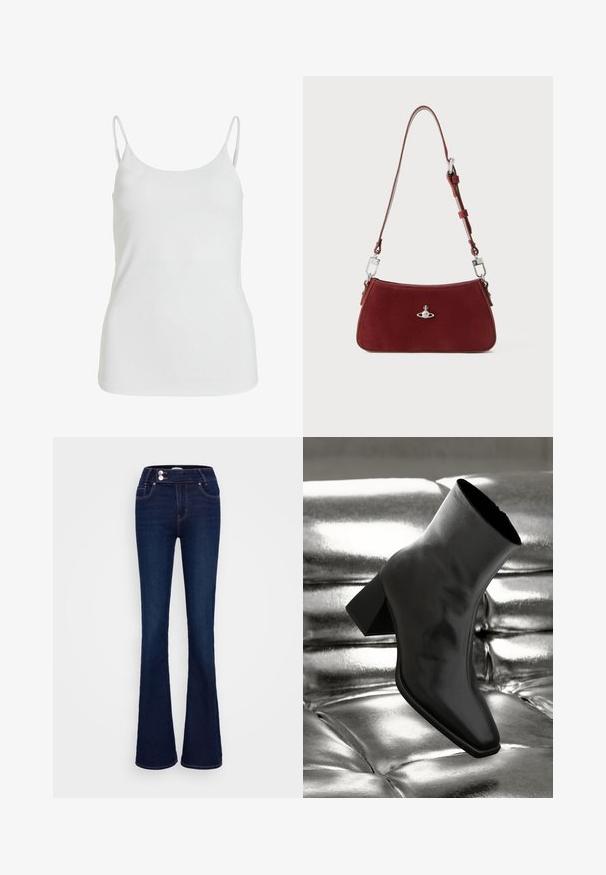Bílý tílko vyrobené z hladké látky, s tenkými ramínky a jednoduchým, nezdobeným designem.; Šedá dlouhá košile s bílými vertikálními pruhy, s límečkem a zipovým zapínáním. Má přiléhavý střih a zakřivený spodní lem.; Tmavě modré rozšířené džíny s vysokým pasem, dvěma předními kapsami a dvěma knoflíkovými zapínáními. Vyrobené z denimu s hladkou texturou.; Černá kotníková bota vyrobená z lesklého materiálu se čtveratou špičkou a zúženým podpatkem, umístěná na lesklém stříbrném prošívaném pozadí.; Červená semišová kabelka na rameno s křivkovým tvarem. Obsahuje stříbrný akcent a nastavitelné ucho se kovovými detaily. Hladký povrch.