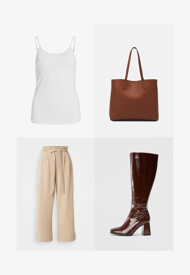 Débardeur blanc en tissu lisse, avec de fines bretelles spaghetti et un design simple et sans embellissement.; Pantalons beige à jambe large avec une taille ceinturée, fabriqués en tissu texturé. Présente un pli avant et une finition lisse le long de l'ourlet.; Bottes en cuir verni marron jusqu'aux genoux avec un bout carré, finition brillante et un talon épais pour la stabilité. Design sans couture sans matériel visible.; Sac fourre-tout en cuir marron avec une texture lisse, design à ouverture supérieure et deux poignées pour le porter à l'épaule. Présente des coutures minimales et aucun matériel visible.