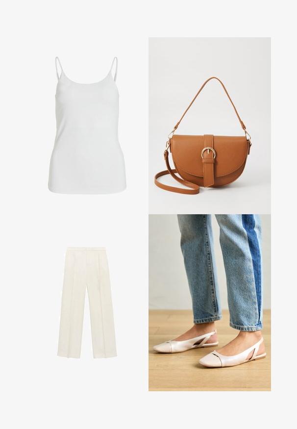 Vit camisole-topp tillverkad av mjukt tyg, med tunna spagettisnören och en enkel, odekorerad design.; Breda byxor i en ljus krämfärg. Tillverkade av ett mjukt tyg med veck fram och sidofickor.; Ljust rosa slingback-lägenheter med spetsig tå, tillverkade av ett slätt läderliknande material. Har utskurna detaljer på sidorna och en platt häl.; Brun läder crossbody-väska med en böjd form, gyllene detaljer och en spänneaccent. Har en avtagbar axelrem.