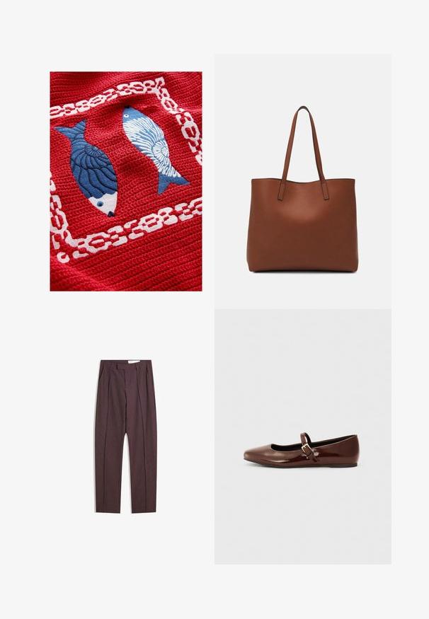 Roter Textilstoff mit einer Struktur, der zwei gestickte Fische zeigt, einen in Dunkelblau mit Schuppen und den anderen in Hellblau mit einem gestreiften Muster, umgeben von einem weißen Kettendesign.; Lila gestreifte Hose mit Falten, hoher Taille und geradem Bein. Hergestellt aus einem glatten, strukturierten Stoff.; Braune Lackleder-Ballerinas mit quadratischer Zehenform und Riemen mit einer kleinen goldenen Schnalle. Glatte Textur, niedriger Absatz und minimalistisches Design.; Braune Leder-Tote mit glatter Textur, offenem Oberteil und zwei Schulterriemen. Verfügt über minimale Nähte und keine sichtbaren Beschläge.