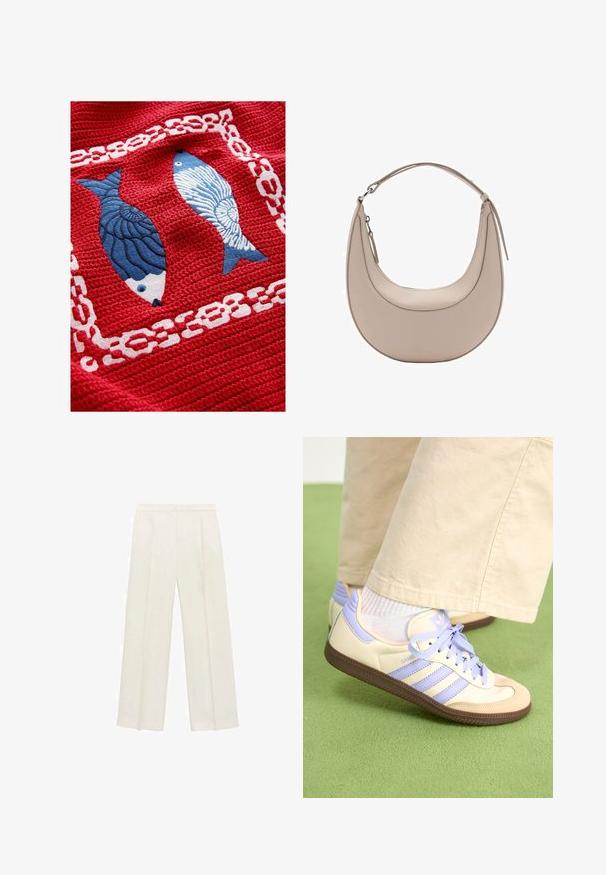 Röd texturerad tyg med två broderade fiskar, en i mörkblått med fjäll och den andra i ljusblått med ett randigt mönster, omgiven av en vit kedje-design.; Breda byxor i en ljus krämfärg. Tillverkade av ett mjukt tyg med veck fram och sidofickor.; Krämfärgade och lavendelfärgade sneakers med tre ränder och en texturerad brun sula, med snören och en vadderad häl. Mjuk tygobero.; Beige läderaxelväska med en halvmåneform, slät yta och ett enda böjt handtag. Har dragkedjestängning och snygg sömnad.
