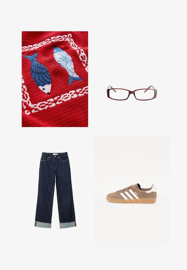 Tissu rouge texturé avec deux poissons brodés, l'un en bleu foncé avec des écailles et l'autre en bleu clair avec un motif rayé, entourés d'un motif de chaîne blanc.; Jean large bleu foncé à taille haute, avec des ourlets roulés, des coutures contrastées et un design à cinq poches. Fabriqué en tissu en denim.; Sneaker en daim marron avec trois bandes blanches, logo doré "Gazelle" et semelle en caoutchouc caramel. Fait avec une languette et un talon rembourrés pour le confort.; Lunettes de vue rectangulaires rouges au design épuré. Verres transparents, branches légèrement translucides, et effet dégradé du rouge vers le gris.