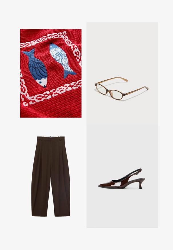 Červená texturovaná tkanina s dvěma vyšívanými rybami, jedna tmavě modrá se šupinami a druhá světle modrá s pruhovaným vzorem, obklopené bílým řetězovým vzorem.; Hnědé kalhoty s vysokým pasem a sklady, vyrobené z hladké látky. Volný střih, rovné nohavice, obsahující poutka na opasek a zip.; Hnědé lakované kožené slingback boty s špičatou špičkou a mírným podpatkem. Disponují přezkou pro bezpečné upevnění. Hladký povrch.; Hnědé želvovinové brýle s oválnými skly, tenkými bočními nohami a průhlednými akcenty. Obsahují decentní logo na stranu. Elegantní, lehký design.; Hnědá kožená křížová taška s zakřiveným tvarem, zlatými detaily a akcentem s přezkou. Obsahuje odnímatelný popruh na rameno.