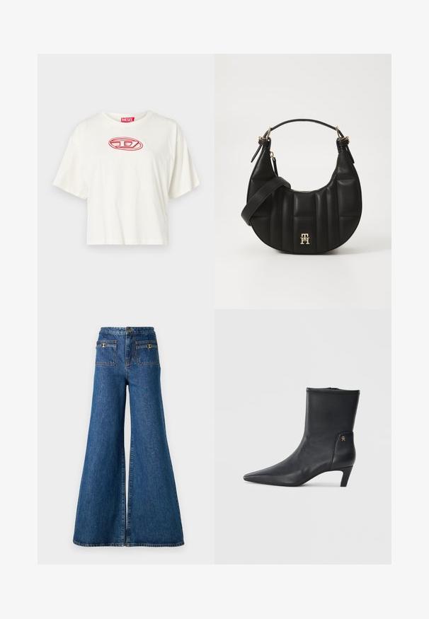 Hvid cropped t-shirt lavet af bomuld, med rund halsudskæring og korte ærmer. Rød broderet logo centreret på brystet.; Bredde ben denim jeans i mørkeblå, med høj talje, to baglommer med guldbeslag, og en rå kant ved benene.; Sorte læder ankelstøvler med spids tå og en lav hæl. Har en glat overflade og et lille guld logo detalje på siden.; Sort læderhandtaske med en bøjelig form, kviltet tekstur og guld hardware. Har en aftagelig skulderrem og logo-detalje.