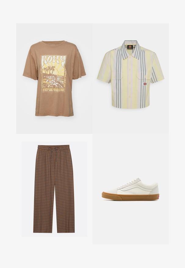 Brun bomulds t-shirt med korte ærmer, der har et grafisk tryk af palmer og bølger i gul og hvid. Teksten lyder "Roxy Surfing Horizons."; Kraftig kortærmet skjorte i lysegul med lodrette grønne og pastelfarvede striber. Har to brystlommer og et logo-patch på venstre lomme.; Brune ternede bukser med elastisk talje og snor. Mønsteret har blå og mørkebrun firkanter, letvægtsstof, vidde ben-design.; Hvide kanvas sneakers med lavt skaft, gummisål, rund tå, snørelukning og læderstribe på siden.