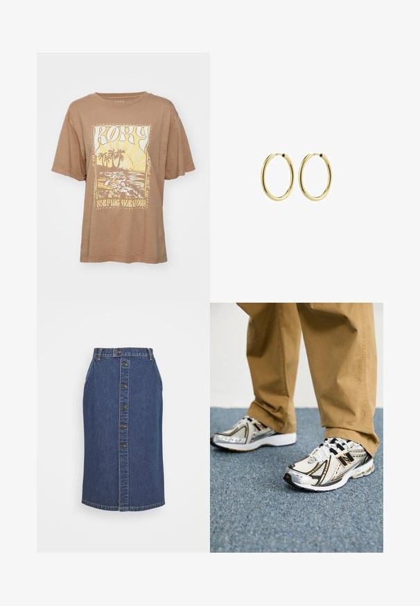 Rjavo bombažno majico s kratkimi rokavi, ki prikazuje grafični odtis palm in valov v rumeni in beli barvi. Besedilo navaja "Roxy Surfing Horizons."; Denim svinčnik krilo v temno modri barvi, z sprednjim gumbom, vertikalnimi šivi in klasičnim robom.; Bele in srebrne superge New Balance z črnimi detajli in vezalkami, ki imajo mrežasto zgornji del, oblazinjen podplat in dinamičen dizajn.; Zlate kovinske obročaste uhane z gladko površino, krožno obliko in varnim zapiralom. Polirana površina brez vidnih vzorcev ali dodatkov.