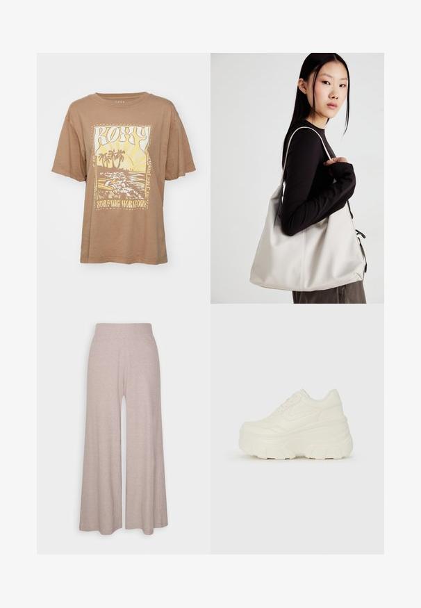 Bruine katoenen t-shirt met korte mouwen, met een grafische print van palmbomen en golven in geel en wit. De tekst luidt "Roxy Surfing Horizons."; Lichtgrijze, wijde broek van zacht, geribbeld materiaal, met een hoge tailleband en volledige lengte benen met een subtiele textuur.; Witte platform sneakers met een gladde leren bovenkant, afgeronde vorm, gewatteerde kraag en een gestructureerde rubberen zool met duidelijke profiel.; Beige handtas gemaakt van zacht materiaal, met een slonzig ontwerp, gestikte details en twee schouderbanden. Geschikt voor dagelijks gebruik.