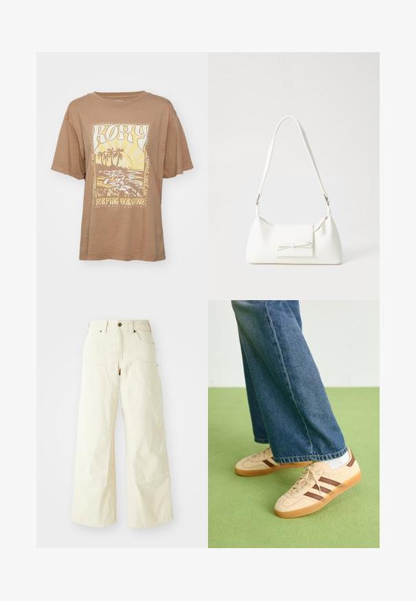 Brun bomulds t-shirt med korte ærmer, der har et grafisk tryk af palmer og bølger i gul og hvid. Teksten lyder "Roxy Surfing Horizons."; Beige brede bukser i bomuld med høj talje, store forlommer og en glat overflade med minimal syning.; Beige sneakers med teksturerede cremefarvede paneler og brune striber, parret med blå denim jeans. Jeansene har brede ben og en frynset kant.; Hvid syntetisk håndtaske med en trekantet form, flad forsideklap og sløjfedetalje, justerbar strop, glat tekstur og minimalistisk design.