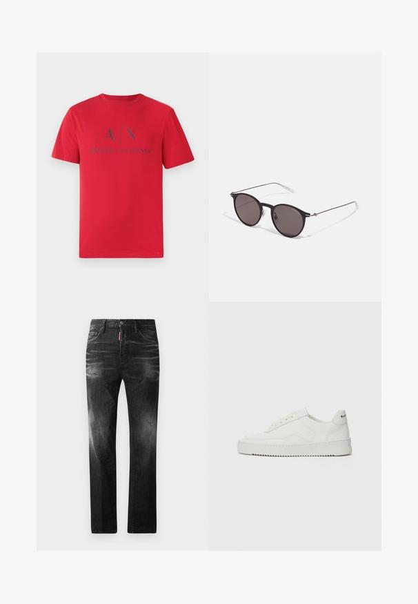Tricou din bumbac roșu cu mâneci scurte. Prezintă un logo albastru "A|X ARMANI EXCHANGE" imprimat pe față. Design clasic cu guler rotund.; Jeans din denim negru cu o croială dreaptă. Au zone decolorate, ușoare uzuri, design clasic cu cinci buzunare și închidere cu buton.; Sneakers din piele albă cu un finisaj neted, vârf rotund, șireturi plate și o talpă texturată. Prezintă un logo subtil pe călcâi.; Ochelari de soare negri rotunzi cu lentile întunecate și brațe metalice subțiri. Include vârfuri transparente pentru brate și accente argintii la balama. Design minimalist.