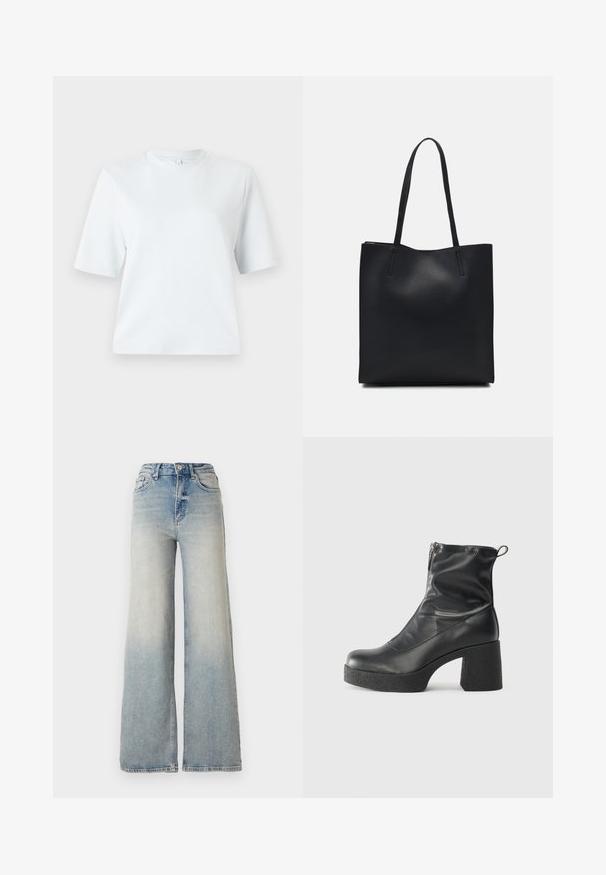 Svetlomodré tričko s krátkym rukávom, vyrobené z mäkkého bavlneného materiálu. Má klasický okrúhly výstrih a voľný strih, bez vzorov a akcentov.; Svetlomodré džínsy s širokými nohavicami vyrobené z denimu, s vysokým pásom, piatimi vreckami a viditeľnými stehmi pozdĺž švov.; Čierne členkové topánky z hladkej kože, so bočným zipsom, robustnou textúrovanou pätnou časťou a zaobleným dizajnom špičky.; Čierna kožená taška na rameno s hladkým povrchom, obdĺžnikovým tvarom a dvoma dlhými uchami. Bez viditeľného kovania alebo ozdôb.
