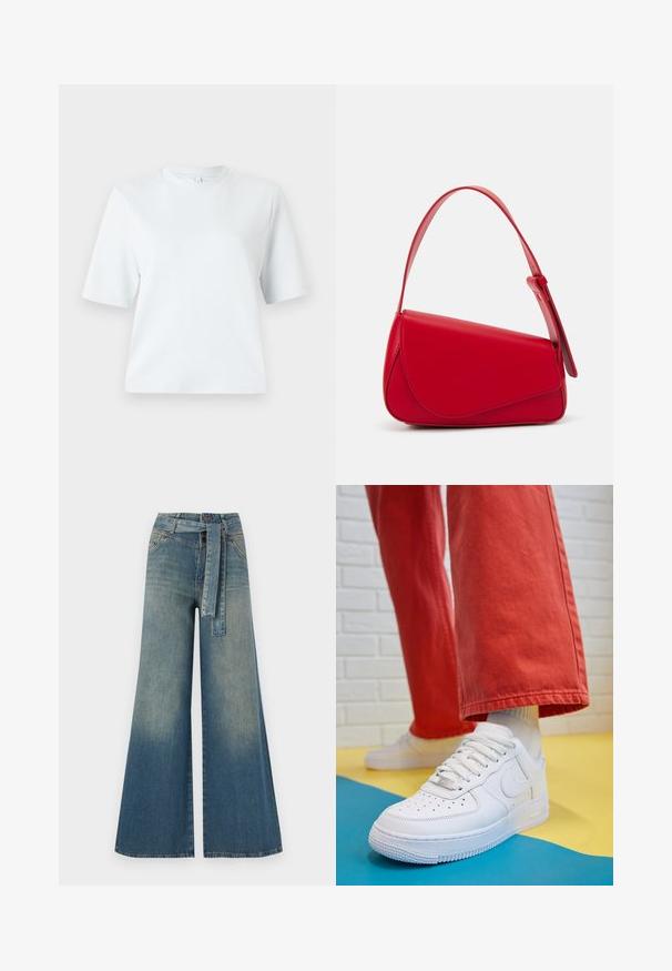 Light blue short-sleeve t-shirt made of soft cotton. Features a classic round neckline and a relaxed fit, with no patterns or accents.; Wide-leg denim trousers featuring a light to dark blue gradient, high waist, belt loops, and a matching fabric belt. Textured denim finish.; White leather sneaker with perforated toe box, textured sole, and white laces, paired with wide red pants and a blue and yellow background.; Red leather handbag with an angular, geometric design. Features a single adjustable strap and a flap closure with stitched detailing.