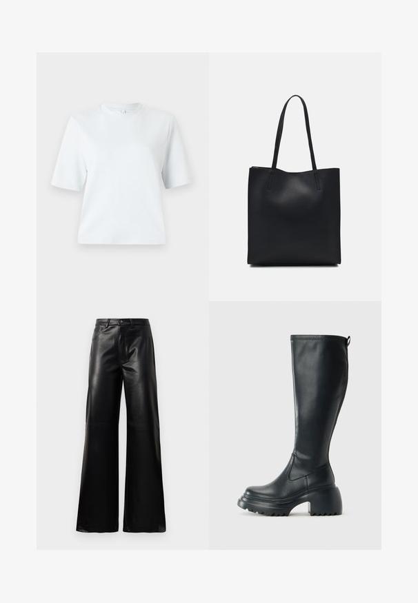 Hele sinine lühikeste varrukatega T-särk, mis on valmistatud pehmest puuvillast. Omab klassikalist ümmargust kaelust ja lõdvestunud lõiget, ilma mustrite või aktsentideta.; Mustad talje laiad jalad kunstnahast püksid esipaneeli nööbi ja lukuga, vöödega ja küljetaskutega valge tausta peal.; Kõrge must nahksaapad, millel on massiivne platvormi tald ja blokk-kand, varustatud tõmbenööriga ja tekstuuriga väljatõmbejääk.; Mustast nahast kott sujuva tekstuuriga, ristkülikukujuline ja kahe pika sangaga. Pole nähtavat riistvara ega kaunistusi.