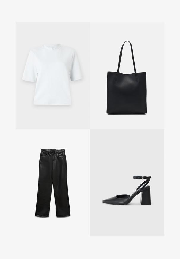 Világoskék, rövid ujjú póló, puha pamutból készült. Klasszikus, kerek nyakú és laza szabású, minta vagy díszítés nélkül.; Fekete műbőr bőszárú nadrág elején zsebekkel, övbújtatókkal és finom csillogással. Simaságú anyag és szabott fazon.; Fekete bőr, hegyes orrú magassarkú cipő boka pánttal és vastag sarokkal. Sima textúra, elegáns dizájn és minimális esztétika.; Fekete bőrtáska sima felszínnel, téglalap alakú, két hosszú füllel. Nincs látható fémkiegészítő vagy díszítés.