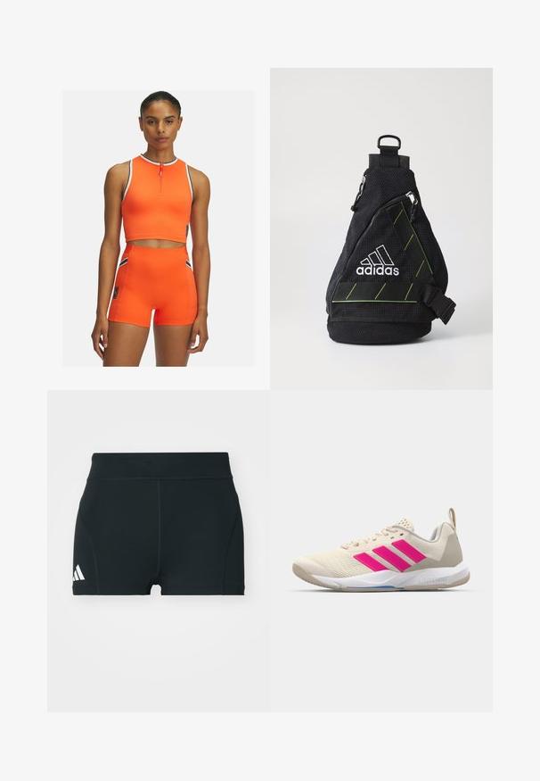 Felrood actieve kledingset met een mouwloze zip-up crop top en high-waisted shorts, verfraaid met zwart-witte strepen.; Zwarte sportieve shorts van rekbaar materiaal, met een hoge tailleband, aangesloten pasvorm en een wit Adidas-logo aan de linkerkant.; Beige sportshoe met een roze drie-strepen logo, een textuur-mesh bovenkant, een gevoerde kraag en een witte rubberen zool, met "LIGHTSTRIKE" branding.; Zwarte stoffen schoudertas met een gestructureerd oppervlak, wit logo, groene accenten, verstelbare schouderriem en een voorvak met rits. Compacte en driehoekige vorm.