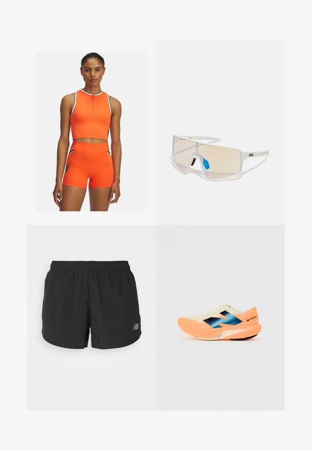 Ryškiai oranžinė sportinė apranga apima be rankovių užtrauktuką crop topą ir aukštu liemeniu šortus, papuoštus juodai baltais dryžiais.; Juodi sportiniai šortai su elastinga juosmena, pagaminti iš lengvos medžiagos. Kairiajame apatinėje pusėje yra mažas pilkas logotipas.; Bėgimo bateliai su lengvu kreminiu viršumi, mėlynu ženklinimu ir oranžiniais akcentais ant pado. Tinklelis, užtikrinantis kvėpavimą.; Baltos rėmeliais akiniai nuo saulės su dideliais gradientiniais lęšiais, turinčiais rožinį ir šviesiai oranžinį atspalvį, pabrėžti mėlynos spalvos nosies dalimi ir logotipo detale.